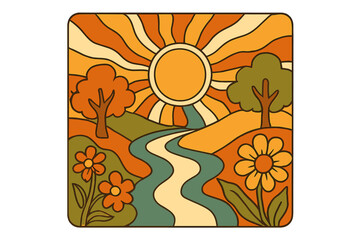 Retro groovy landscape 70s poster. Psychedelic vintage background with sun, river, trees. Hippie flower power illustration. Trippy abstract nature contour vector art print design.