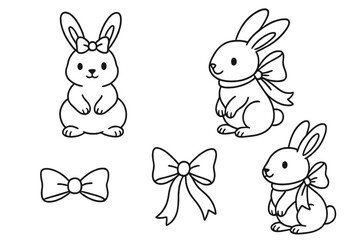Cute bunny vector set for Valentine's Day and Easter. Hand drawn outline rabbit characters with bows. Isolated doodle animal illustrations for kids, greeting card, love concept.