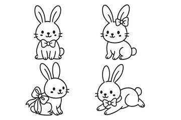 Set of cute Easter bunnies. Kawaii rabbit character collection. Hand-drawn vector line art. Funny animals with bows for Valentine's Day. Isolated doodle illustration for coloring.