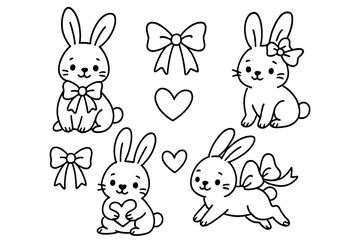 Cute bunny set for Valentine's Day. Vector linear hand drawn illustration. Isolated doodle elements. Rabbit with heart and bow. Animal character for holiday design and coloring.