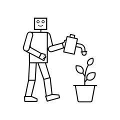 Friendly robot character watering a small plant in a pot with a watering can. robot cartoon character.