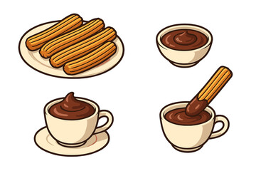 Churros with chocolate sauce set. Traditional Spanish, Mexican dessert. Sweet pastry snack food illustration. Churro dipped in hot chocolate, vector cartoon icon collection.