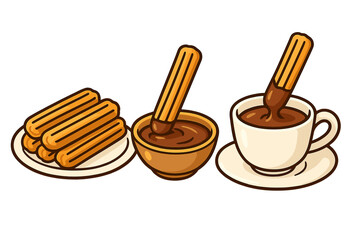 Vector illustration of churros with hot chocolate dip. Traditional Spanish and Mexican sweet dessert snack. Fried dough pastry sticks on a plate, bowl and cup for a cafe menu.