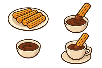 Churros with chocolate sauce vector icon set. Traditional Spanish, Mexican pastry dessert. Sweet snack food dipping in hot chocolate bowl and cup. Isolated cartoon illustration.