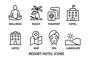 Resort hotel travel icon set. Line art collection for tourism and vacation. Wellness, beach, passport, map, spa, landscape. Vector symbols for booking and holiday planning.