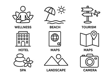Travel and tourism line icon set. Resort hotel and vacation icons. Wellness, beach, passport, map, spa, landscape, camera vector symbols for web and app design.