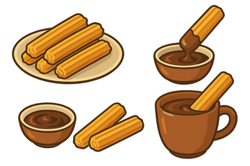Churros with chocolate sauce vector set. Traditional Spanish or Mexican dessert snack. Fried pastry sticks dipping in hot chocolate dip or cup. Sweet food illustration icons.