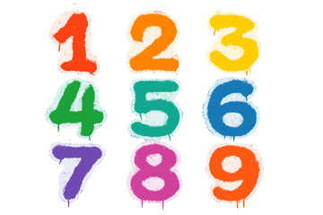 Colorful graffiti numbers set. Grunge spray paint font with drips and texture. Urban street art typography elements. Distressed, hand-drawn vector digits from 0 to 9.