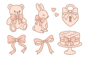Coquette aesthetic clipart set. Cute teddy bear, bunny, cake, heart lock with bows. Girly vintage line art illustration. Feminine baby shower, romantic vector elements.