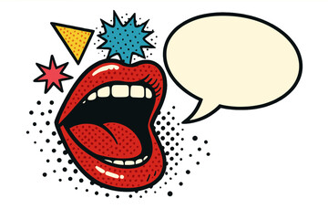 Pop art shouting mouth with speech bubble. Retro comic book style woman lips talking. Vintage design element for announcement or message. Halftone vector illustration expression.