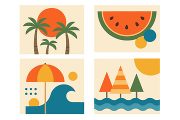 Summer travel posters set. Abstract geometric vacation background collection. Minimal flat design for social media ads. Retro beach scene with palm tree, sun, wave and watermelon.