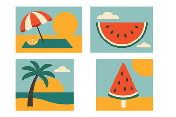 Summer vacation flat design illustration set. Geometric beach scene with palm tree, sun, and sea. Tropical travel concept with watermelon fruit and popsicle vector icons.