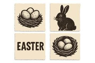 Torn out vintage Easter day collage covers set. Trendy card with cutout paper elements. Square poster with dotted icons, nest with eggs, bunny, and retro holiday lettering.