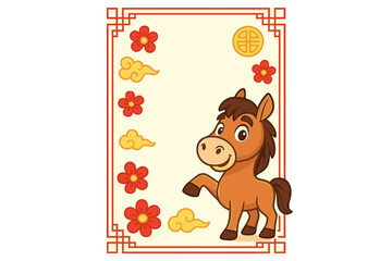 Cute horse for Chinese New Year 2026. Zodiac animal cartoon on vertical greeting card. Traditional holiday celebration background with copy space. Vector illustration frame.