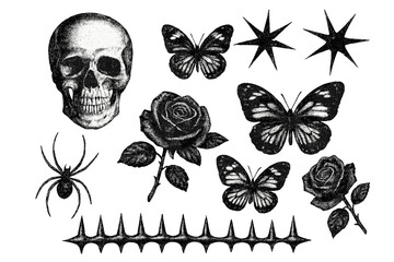 Grunge Y2K elements collection with retro photocopy effect. Edgy dotted vector asset pack with skull, rose, butterfly, spider, thorns. Goth-style stickers for cool design.