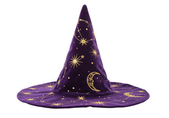Purple velvet witch hat with gold celestial embroidery isolated, magical costume accessory for Halloween and fantasy themes PNG