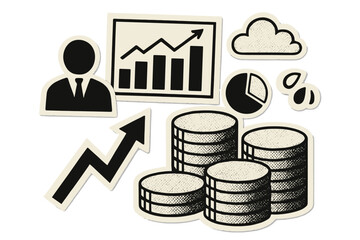 Business financial planning concept vector. Paper cut out collage illustration. Coins, money stack, growth chart, arrow. Investment success, economy, profit, savings. Halftone retro.