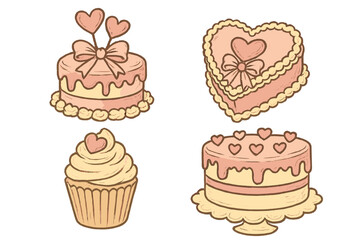 Vintage coquette cakes and cupcake set for wedding, birthday, or Valentine's Day. Romantic hand-drawn vector clip art illustration of sweet heart-shaped desserts and pastry.