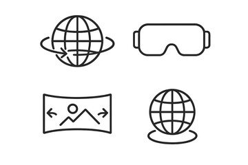 Set of 360 degree view and virtual reality line icons. VR glasses, panoramic image, and globe symbols. Vector collection for AR, metaverse, and immersive experience design.