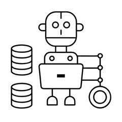 Robot with laptop and data stacks representing artificial intelligence and big data processing. robot cartoon character.