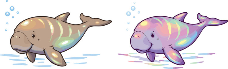 Cartoon fantasy manatee creatures with colorful markings, whimsical aquatic animals with bubbles, imaginative underwater scene, vibrant magical sea life illustration