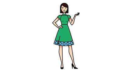 Cartoon Woman in Green Dress with Geometric Trim