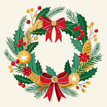 Elegant Christmas wreath featuring pine branches, holly leaves, red berries, golden ornaments, and a red bow, circular festive vector design ideal for holiday greeting cards and seasonal decorations