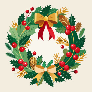 Classic Christmas wreath decorated with pine branches, holly leaves, red berries, golden accents, and a red bow, elegant circular vector design for festive holiday decorations and greeting cards