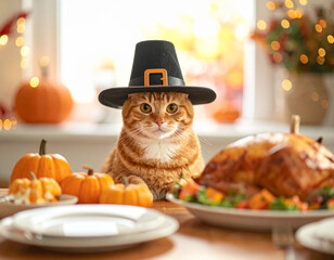 Cute Cat in Pilgrim Hat Sitting at Thanksgiving Dinner Table