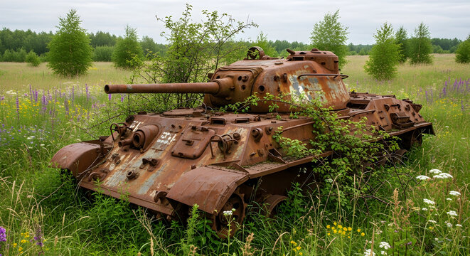 Abandoned soviet t34 tank overgrown with vegetation in a field, a symbol of forgotten history and decay