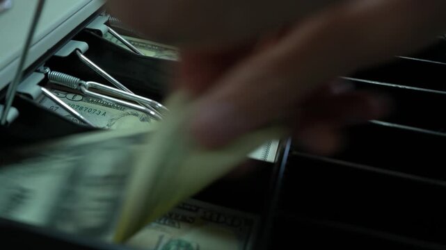 A cashier, holding a dollar bill, opens the cash register and gives out change