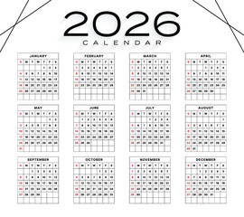 Vector 2026 Year Calendar Printable Template