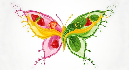 Fruit and Vegetable Butterfly Colorful Splash Combining Strawberries Spinach Juice Healthy Food Art