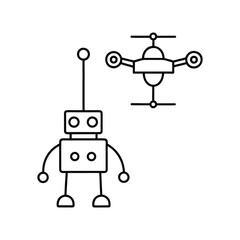 Simple hand drawn outline illustration of a cute robot and a drone on a white background. robot cartoon character.