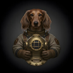 A long-haired dachshund in a deep-sea diving suit holds a helmet in its paws. Portrait on a dark background. Hyperrealistic illustration