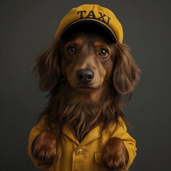 A hyperrealistic illustration of a long-haired dachshund wearing a taxi driver's uniform with the word "Taxi" written on its cap. Dark background