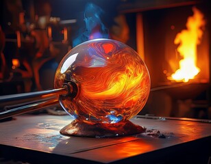 Molten Glass Artistry: A Captivating Sphere of Fire and Light Created with Skill and Precision in a Glassblowing Workshop