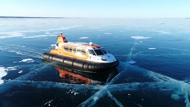 Aerial perspective of a hovercraft smoothly gliding over the crystal clear ice of a frozen lake. Emphasizing the idea of winter adventure and innovative transportation