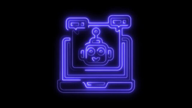 Glowing neon chatbot icon on laptop screen animation artificial intelligence design