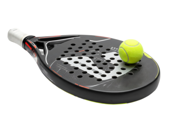 Paddle racket with green ball on white background  