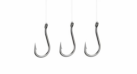 Three Fishing Hooks Hanging Individually on Transparent Lines Against a White Background Studio Shot