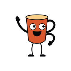 Cute cartoon coffee cup character waving hello with a happy smile and big eyes. coffer cartoon character. 