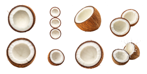 Coconut PNG Pack showing whole, halved, and splashing coconuts with milk and white flesh, isolated on transparent background for tropical food and drink design.