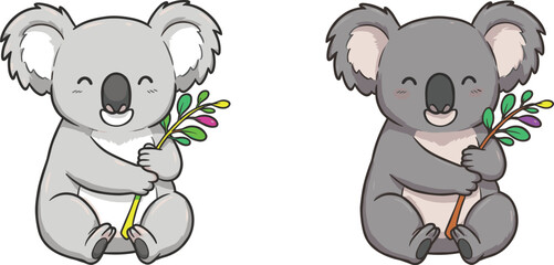 Cartoon koalas holding colorful branches with buds, cute gray animals with rainbow leaves, whimsical wildlife illustration, children’s fantasy puzzle artwork