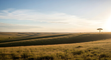 Fototapeta premium Golden savanna landscape at sunrise with a lone acacia tree casting long shadows across the grassy plains of africa