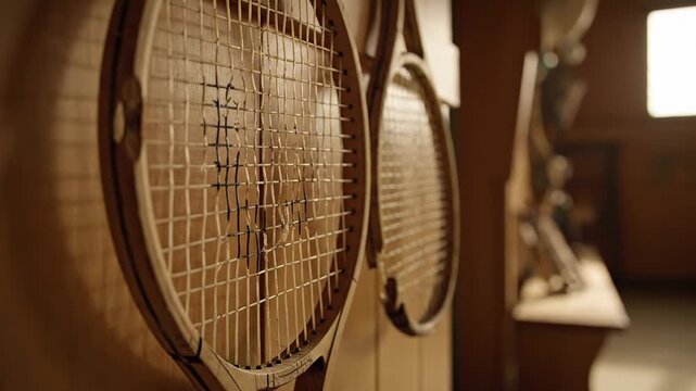 Vintage wooden tennis rackets are elegantly displayed on a wall, serving as nostalgic decor. This image captures the essence of classic sports equipment under a soft, inviting glow