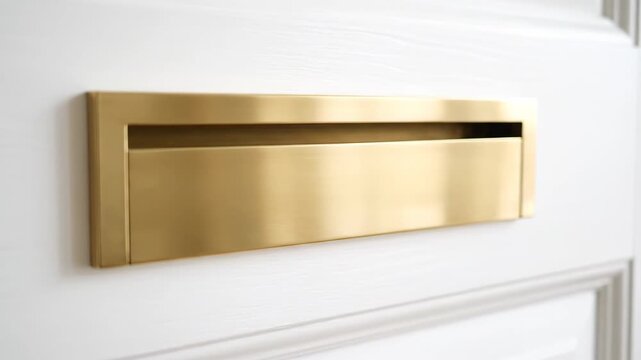 Detailed shot of a contemporary brass colored metal mailbox or mail chute on a traditional white wooden entrance door for receiving mail and packages