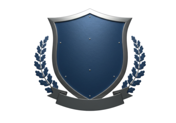 Blue shield with silver trim isolated on transparent background, heraldic emblem with laurel wreath and banner for logo or insignia