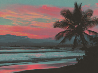 Tropical beach at dawn for lounge music album cover art, peaceful shoreline with sunrise colors and palm trees, relaxing coastal scene with warm morning light