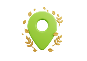 Green map pointer PNG isolated with golden leaves, location pin icon for travel and navigation on transparent background